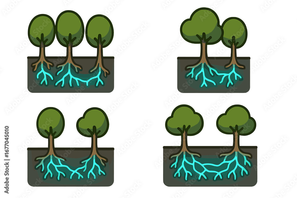 Poster tree communication network icon set. isometric flat vector of networked trees with glowing roots. me