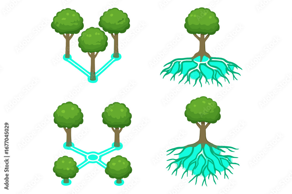 Poster isometric tree network vector icon set. metaphor for communication, growth, and connection. concept 