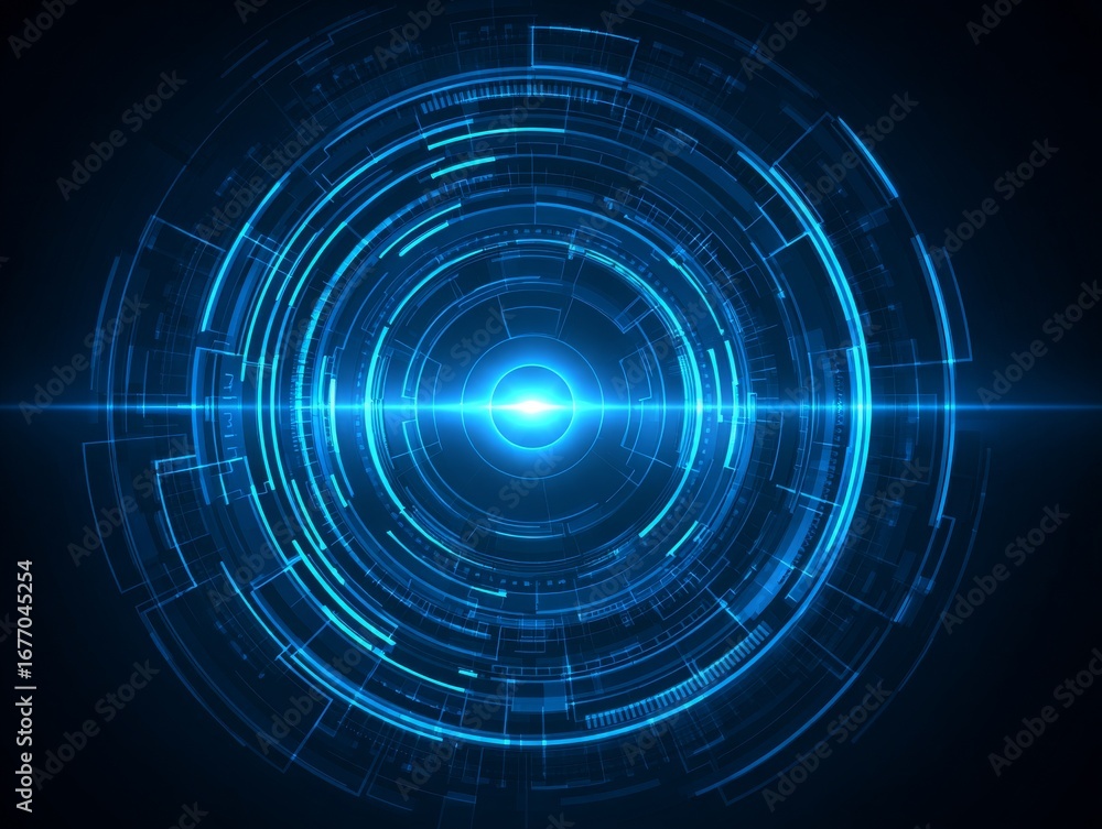 Poster a creative high-tech background is formed by a circular digital hud screen, surrounded by a series o