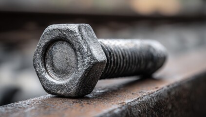 Close-up of a hex bolt resting on a rusty metal surface, with railway tracks in the background