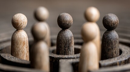 The image of wooden mannequins walking in a circular maze is a metaphor that represents the repetitive cycle of life
