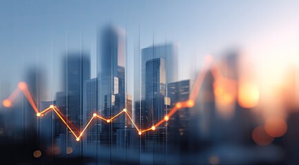 Abstract cityscape with overlaid financial data. Blurry skyscrapers are overlaid with a dynamic, orange line graph.  Sunrise or sunset sky