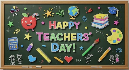A chalkboard is decorated with colorful drawings and messages for happy teachers day, featuring school supplies, art elements, and celebratory icons, isolated on white background
