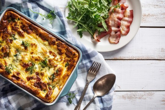 Baked egg dish, bacon, and salad on a white wooden table - Powered by Adobe
