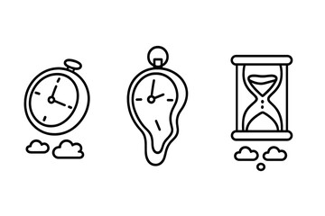 Surreal timepiece outline icon set. Floating clock, melting watch, levitating hourglass. Concept of dream, time passing, abstract timeline. Vector illustration for web, logo.