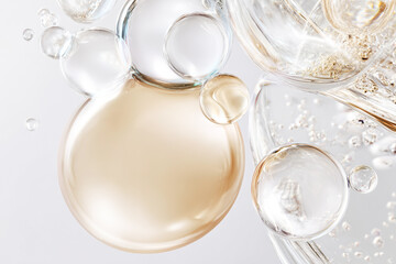 Luxury Skincare Essence Bubbles in Transparent Gold Glass &ndash; Anti-Aging Cosmetic Concept