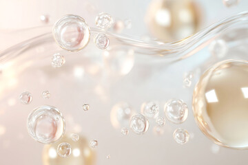 Luxury Skincare Essence Bubbles in Transparent Gold Glass &ndash; Anti-Aging Cosmetic Concept