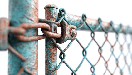 Close-up of a rusty chain-link fence section.  A weathered teal-blue metal fence post and chain-link are secured with rusty metal fasteners and a chain.  Focus is on the juncture of post and links