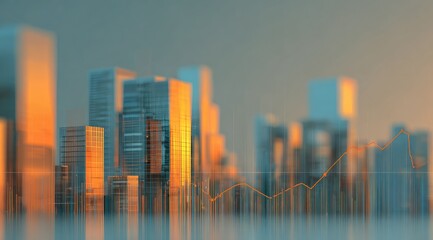 City skyline at sunset, overlaid with financial graph