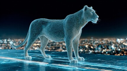 Fototapeta premium A modern, cyberpunk-inspired city is the backdrop for a majestic lion, its form created from vibrant neon lines in a wireframe style, as it stalks through the scene, embodying a potent mix of myth
