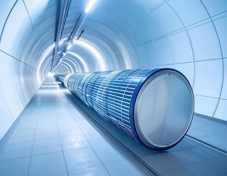 Futuristic transportation tunnel featuring a sleek, modern capsule design and bright lighting