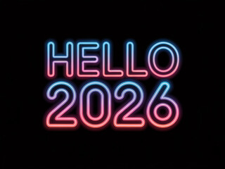 Neon "Hello 2026" glows against black. This vibrant text serves as a graphic element for invitations, posters, or digital media.