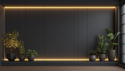 Modern minimalist interior.  Dark gray walls, lit by a horizontal strip of warm light, with potted plants on a low shelf. A window provides natural light
