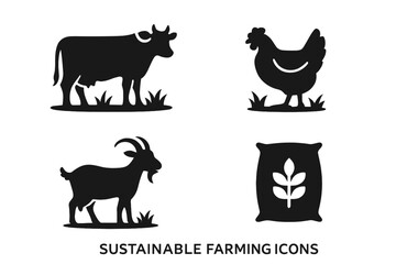 Fototapeta premium Sustainable farming icon set. Livestock and agriculture symbols. Free-range chicken, pasture cow, goat, and feed sack. Organic, eco-friendly food production concept vector.