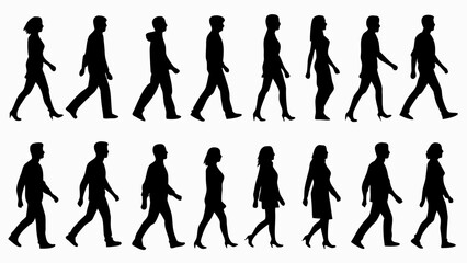 Diverse group walking, illustrating pedestrian traffic, business commute, or city life with scalable vector origins