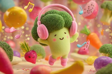 Cute broccoli character in headphones, surrounded by fruits and vegetables