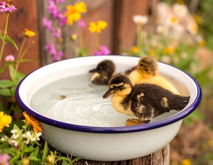 Cute ducklings in a shallow dish (1)