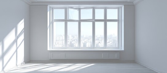 Empty room with large window overlooking city