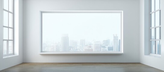Empty room with large window, city view