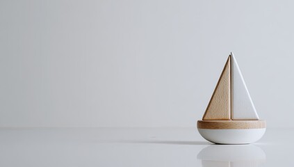 Wooden sailboat toy on white background