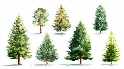 Fototapeta premium A collection of various watercolor-style trees, showcasing different shapes and shades of green, set against a white background