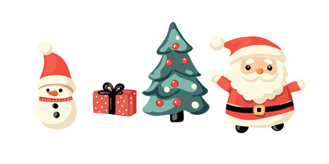 vector illustration set with snowman, santa claus, christmas tree and gift