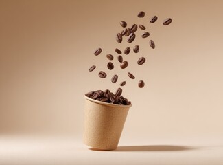Coffee beans spill from a paper cup