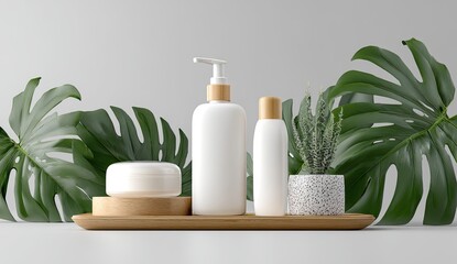White cosmetic bottles and cream jar on wooden tray, tropical leaves