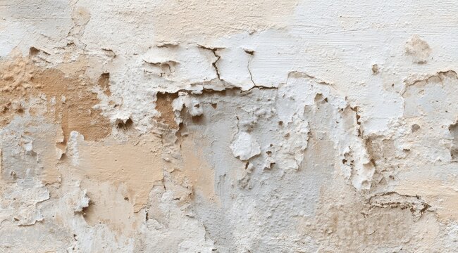 Peeling paint on a weathered wall, showing layers of beige and off-white.  Cracks and fissures are evident