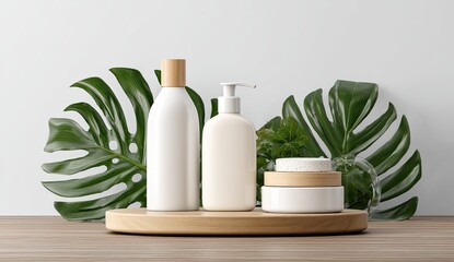 Elegant skincare products on a wooden tray, surrounded by tropical leaves