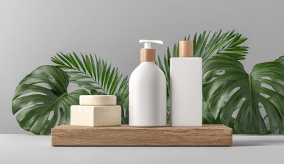 Cosmetic display with natural elements.  White bottles, cream jar, wooden shelf, lush foliage