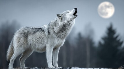 Naklejka premium Under the light of the moon, a lone wolf's haunting howl resonates through the winter wilderness