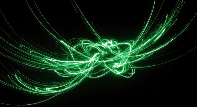 Vibrant green light trails dancing across a dark backdrop create an energetic and dynamic abstract design perfect for technology, innovation, or creative projects