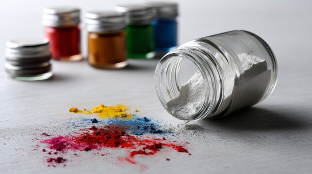 Spilled colorful powders from glass jars for art creativity design background concept
