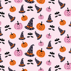 Seamless Halloween Pattern with Pumpkins and witch hats