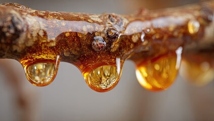 Resin dripping from a branch.  Close-up view of amber-colored resin droplets hanging from a brown twig