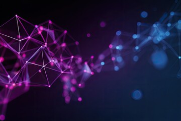 Abstract digital network.  Interconnected nodes and lines form a complex, vibrant structure.  Purple and blue hues create a dynamic visual effect.  Dark background enhances the glowing elements