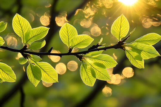Branch with green leaves against golden sunset bokeh. Spring regrowth concept. Nature background for ecology theme or season design.