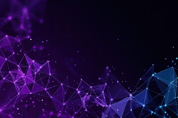 Abstract digital network design.  Purple and blue polygon mesh, connected dots, glowing particles on dark background