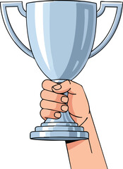 Hand holding silver trophy cup illustration award winner success achievement  holding  prize  object  accomplishment