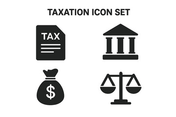 Taxation vector icon set. Solid glyph icons for finance, tax payment, government, and law. Includes tax form, bank building, money bag, and legal scale of justice symbols.
