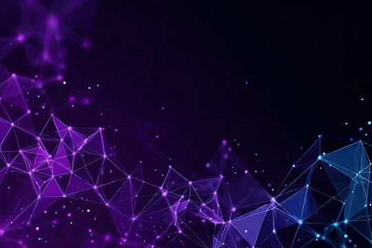 Abstract digital network design.  Purple and blue polygon mesh, connected dots, glowing particles on dark background