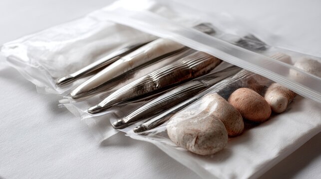 Plastic packaging with assorted bread and bakery products for food storage retail supermarket background concept