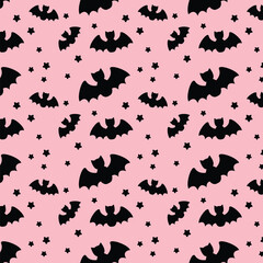 Halloween Seamless Pattern with Bats and Stars