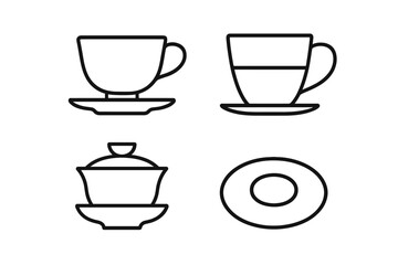 Tea cup icon set vector. Outline linear graphic collection. Porcelain teacup, glass mug, Chinese gaiwan, saucer. Hot drink, beverage, cafe menu element. Isolated illustration.