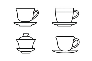 Tea cup outline icon set. Vector collection of teaware symbols, including porcelain and glass cups with saucers, and a chinese gaiwan. Line art for cafe menu design.