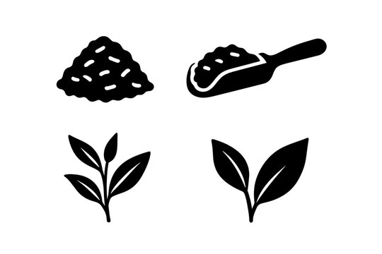 Tea leaf icon set. Solid black glyphs. Loose dried leaves, pile of tea, scoop, and botanical sprig. Vector symbols for organic beverage, herbal products, and natural drinks.