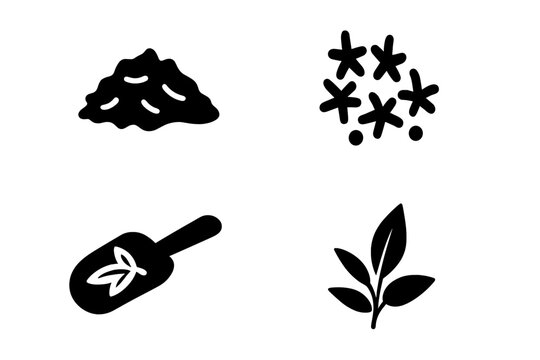 Tea leaf glyph icon set. Vector solid icons of loose leaf tea, dried herbs, botanicals, scoop, and sprig. Natural organic beverage, tea ceremony, and cafe concepts.