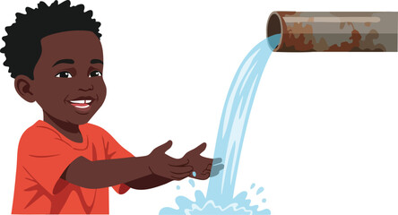 Happy boy playing with water child kid pipe flowing  health  leisure  wet  flowing  graphic