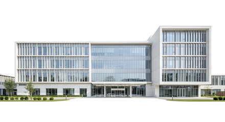 Symmetrical front elevation of a contemporary business center, a testament to minimalist architectural innovation and design